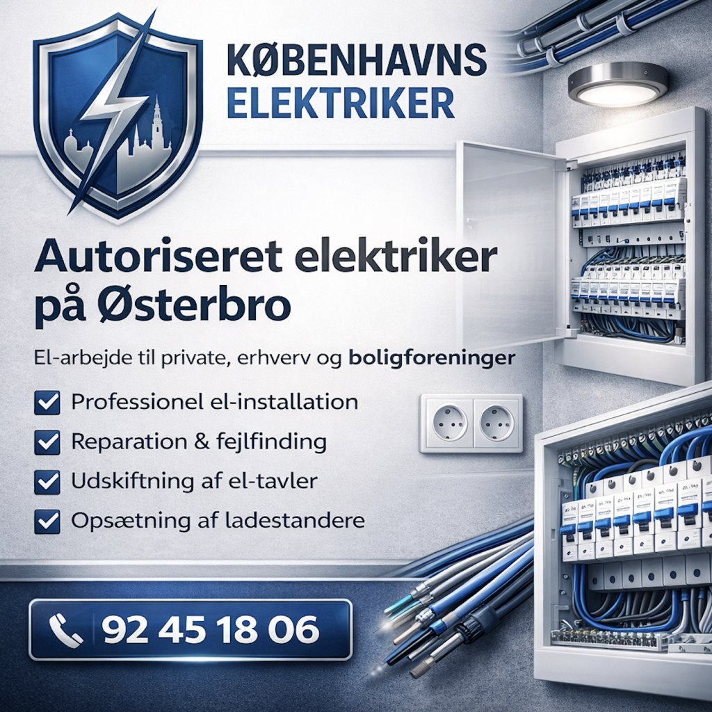 Grafisk banner for Københavns Elektriker med logo, moderne el-installationer og teksten “Autoriseret elektriker på Østerbro”. Viser el-tavle, stikkontakter og professionel kabelføring i rene, blå og grå farver.