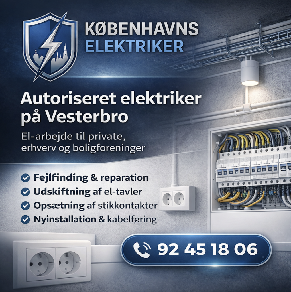 Professionelt banner for Københavns Elektriker med logo, rene el-installationer og tekst “Autoriseret elektriker på Vesterbro”. Viser el-tavle, stikkontakter og kabelføring samt kontakttelefon 92 45 18 06.