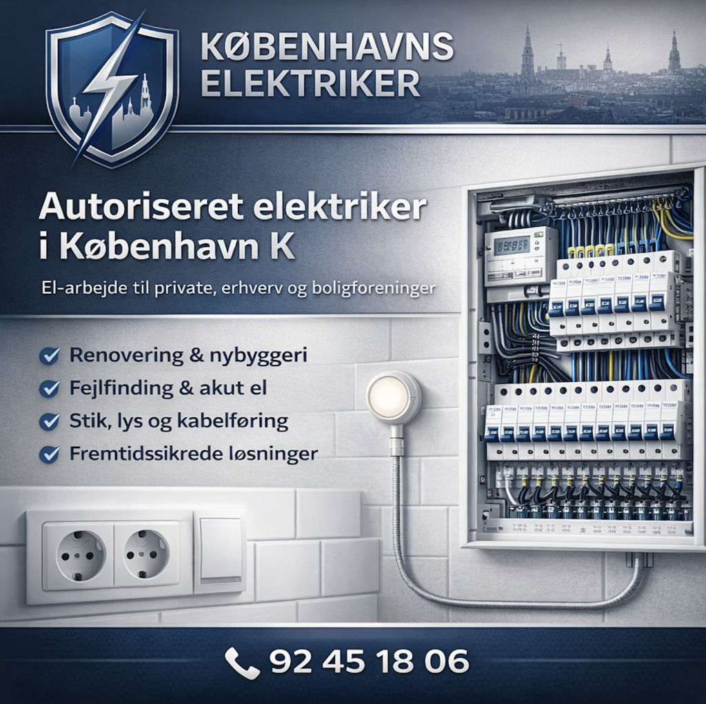 Hero-billede af autoriseret elektriker i København K med moderne el-tavle, rene installationer og korrekt kabelføring – Københavns Elektriker.