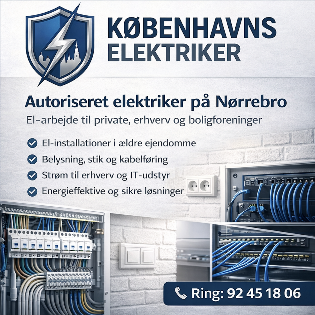 Hero-billede for Københavns Elektriker med logo, velorganiseret el-tavle og professionelle el-installationer, der viser autoriseret el-arbejde på Nørrebro for private, erhverv og boligforeninger.