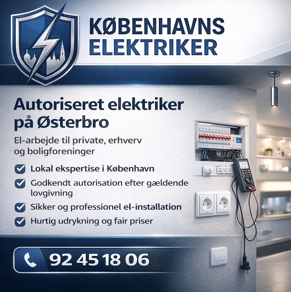 Autoriseret elektriker på Østerbro – professionel el-installation i moderne bolig. Københavns Elektriker tilbyder sikkert el-arbejde til private, erhverv og boligforeninger.