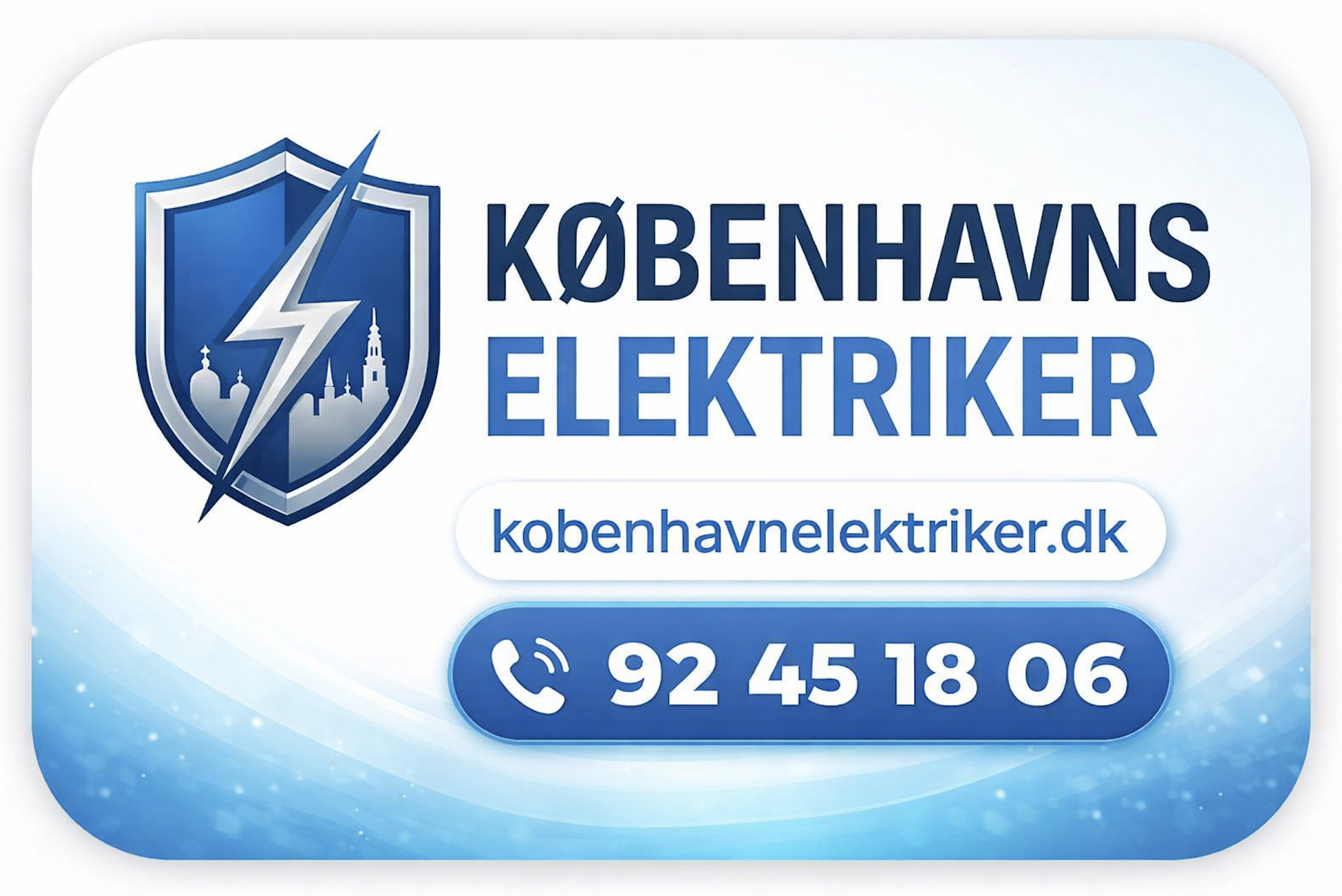 Brandet CTA-banner for Københavns Elektriker med logo, afrundede former og opkalds-CTA. Ring 92 45 18 06 eller besøg kobenhavnelektriker.dk. Professionel elektriker i København.